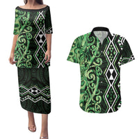 Green Aotearoa Couples Matching Puletasi and Hawaiian Shirt Taniko Motifs With Paua Shell Kowhaiwhai LT14 Green - Polynesian Pride