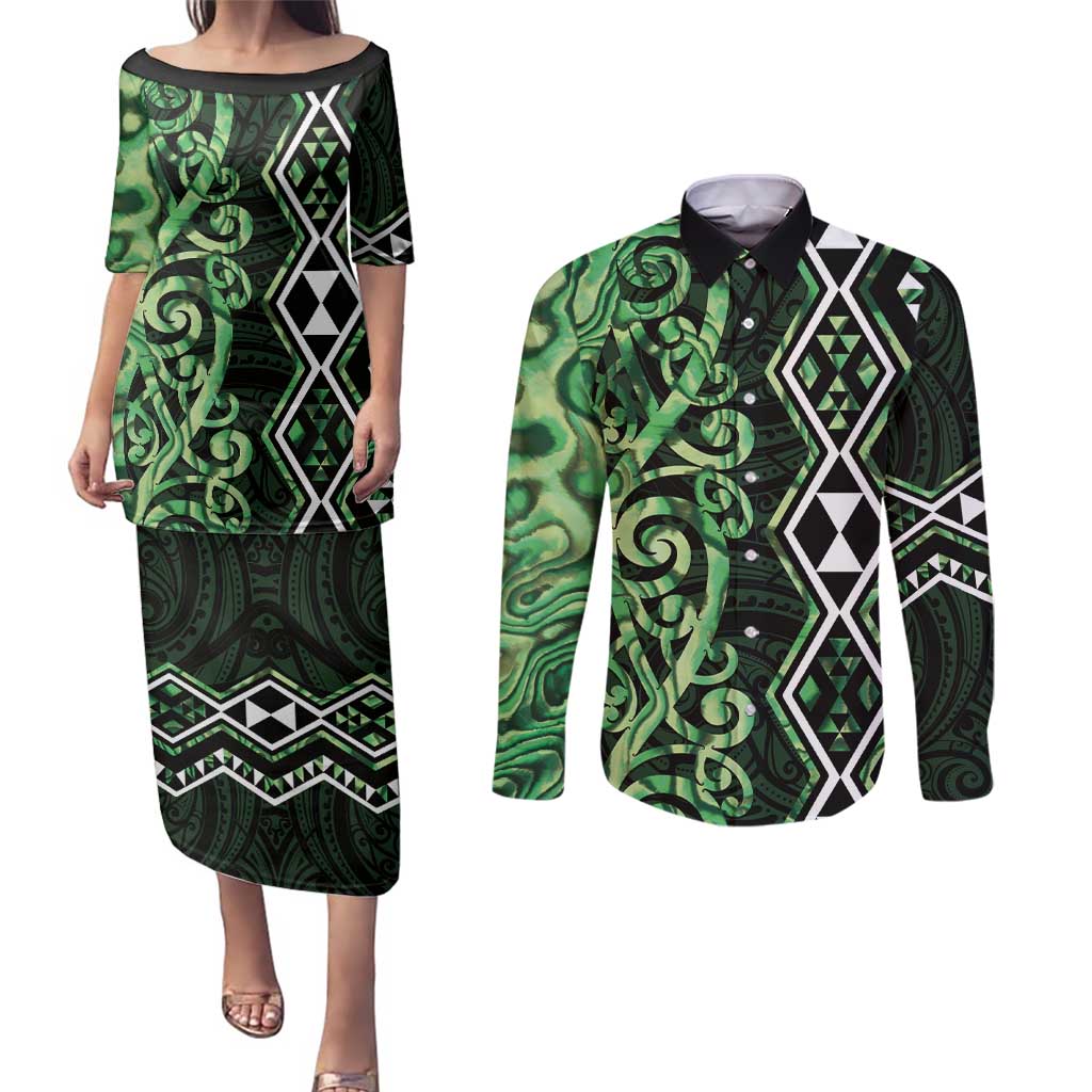 Green Aotearoa Couples Matching Puletasi and Long Sleeve Button Shirt Taniko Motifs With Paua Shell Kowhaiwhai LT14 Green - Polynesian Pride