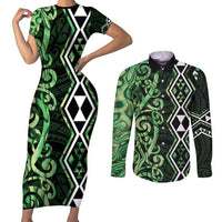 Green Aotearoa Couples Matching Short Sleeve Bodycon Dress and Long Sleeve Button Shirt Taniko Motifs With Paua Shell Kowhaiwhai LT14 Green - Polynesian Pride