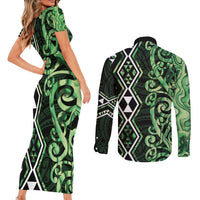 Green Aotearoa Couples Matching Short Sleeve Bodycon Dress and Long Sleeve Button Shirt Taniko Motifs With Paua Shell Kowhaiwhai LT14 - Polynesian Pride