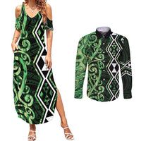 Green Aotearoa Couples Matching Summer Maxi Dress and Long Sleeve Button Shirt Taniko Motifs With Paua Shell Kowhaiwhai LT14 Green - Polynesian Pride