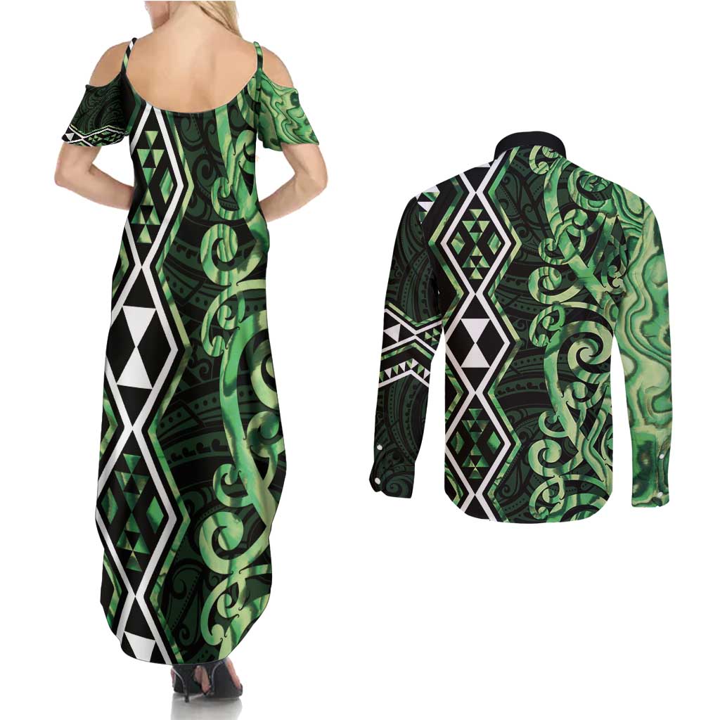 Green Aotearoa Couples Matching Summer Maxi Dress and Long Sleeve Button Shirt Taniko Motifs With Paua Shell Kowhaiwhai LT14 - Polynesian Pride