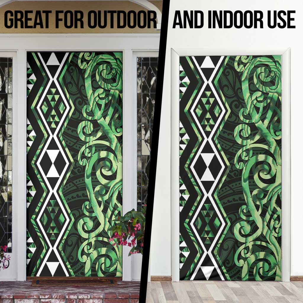 Green Aotearoa Door Cover Taniko Motifs With Paua Shell Kowhaiwhai - Polynesian Pride