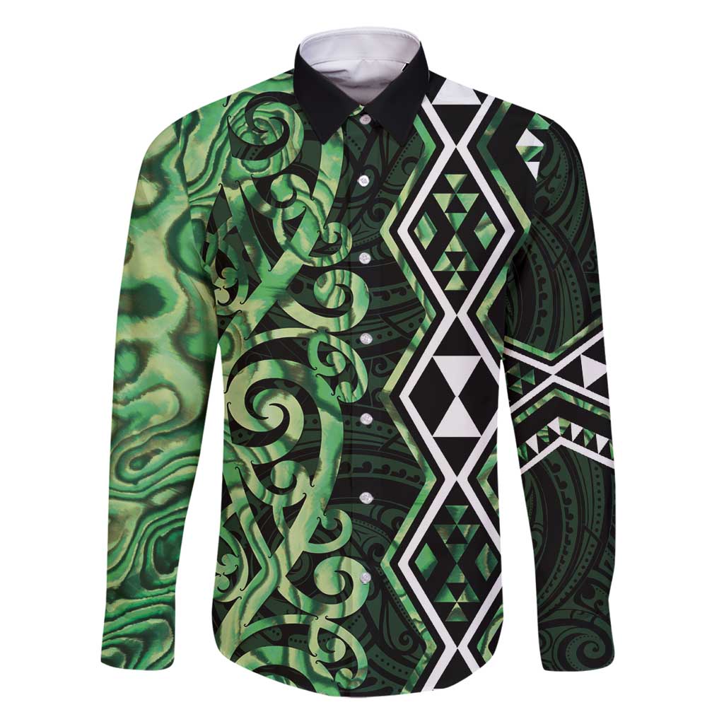 Green Aotearoa Family Matching Long Sleeve Bodycon Dress and Hawaiian Shirt Taniko Motifs With Paua Shell Kowhaiwhai LT14 Dad's Shirt - Long Sleeve Green - Polynesian Pride