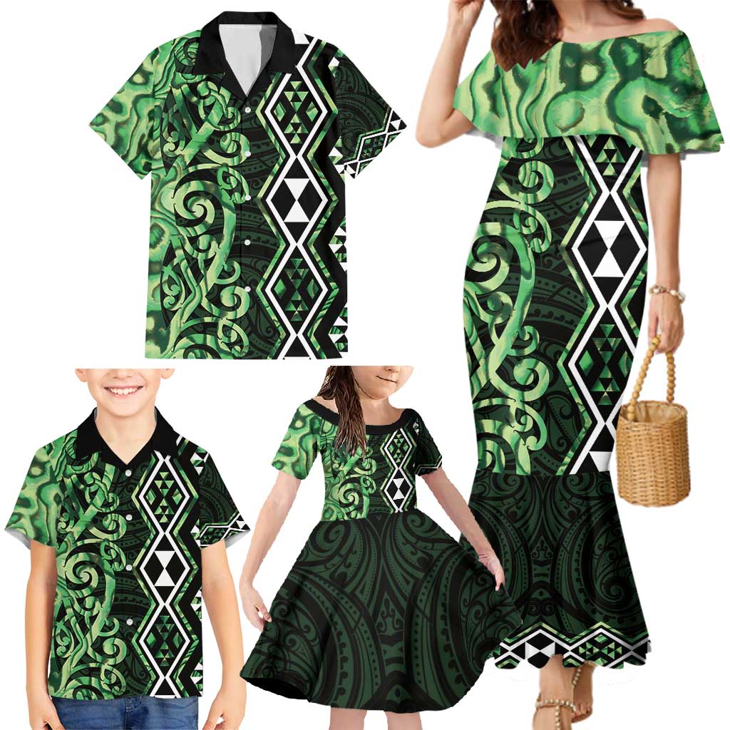 Green Aotearoa Family Matching Mermaid Dress and Hawaiian Shirt Taniko Motifs With Paua Shell Kowhaiwhai LT14 - Polynesian Pride