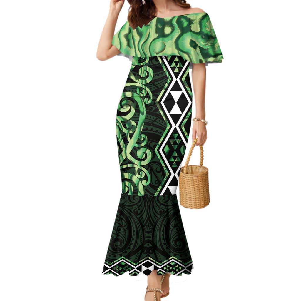 Green Aotearoa Family Matching Mermaid Dress and Hawaiian Shirt Taniko Motifs With Paua Shell Kowhaiwhai LT14 Mom's Dress Green - Polynesian Pride