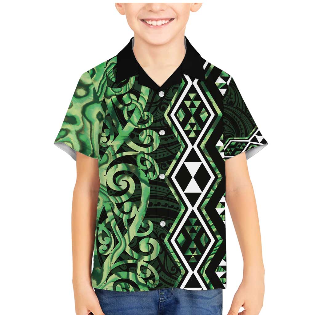 Green Aotearoa Family Matching Mermaid Dress and Hawaiian Shirt Taniko Motifs With Paua Shell Kowhaiwhai LT14 Son's Shirt Green - Polynesian Pride