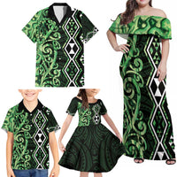 Green Aotearoa Family Matching Off Shoulder Maxi Dress and Hawaiian Shirt Taniko Motifs With Paua Shell Kowhaiwhai LT14 - Polynesian Pride