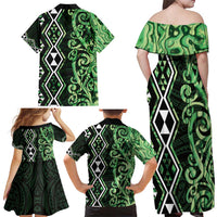 Green Aotearoa Family Matching Off Shoulder Maxi Dress and Hawaiian Shirt Taniko Motifs With Paua Shell Kowhaiwhai LT14 - Polynesian Pride
