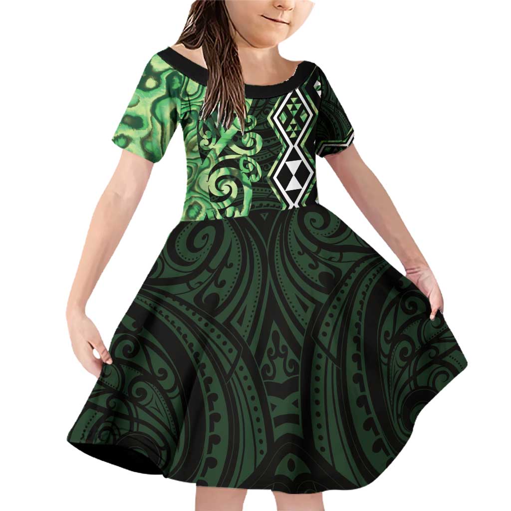 Green Aotearoa Family Matching Off Shoulder Short Dress and Hawaiian Shirt Taniko Motifs With Paua Shell Kowhaiwhai LT14 Daughter's Dress Green - Polynesian Pride