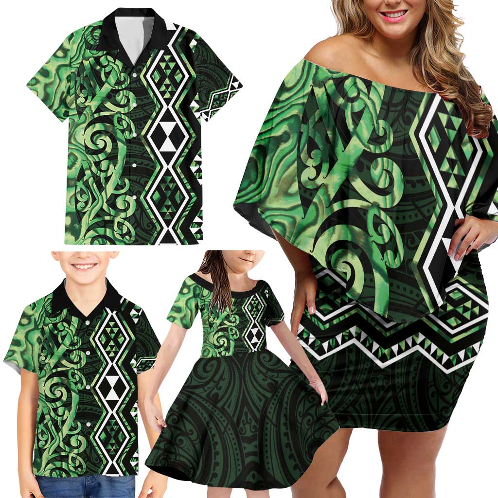 Green Aotearoa Family Matching Off Shoulder Short Dress and Hawaiian Shirt Taniko Motifs With Paua Shell Kowhaiwhai LT14 - Polynesian Pride