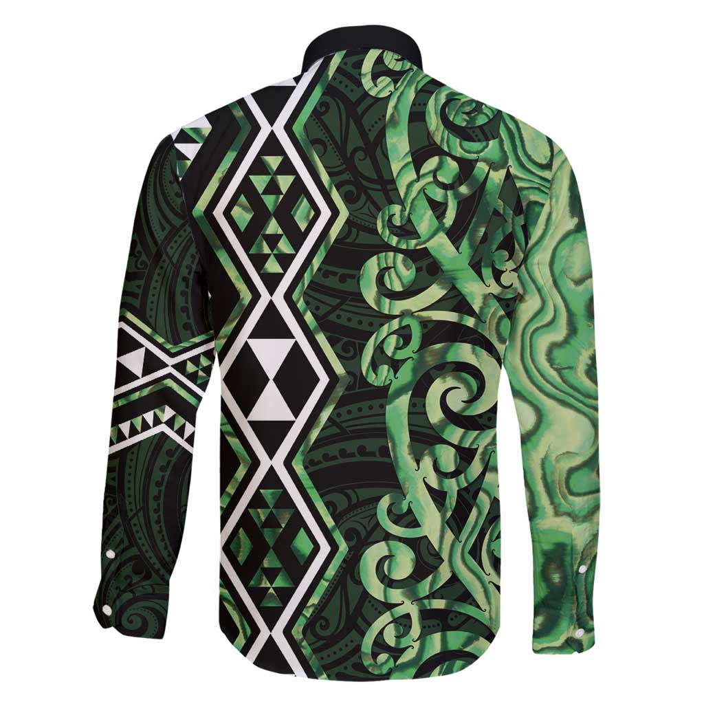 Green Aotearoa Family Matching Off Shoulder Short Dress and Hawaiian Shirt Taniko Motifs With Paua Shell Kowhaiwhai LT14 - Polynesian Pride