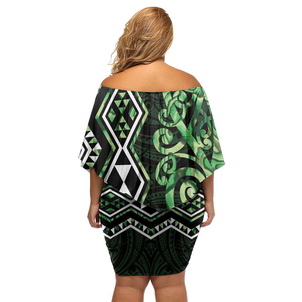 Green Aotearoa Family Matching Off Shoulder Short Dress and Hawaiian Shirt Taniko Motifs With Paua Shell Kowhaiwhai LT14 - Polynesian Pride