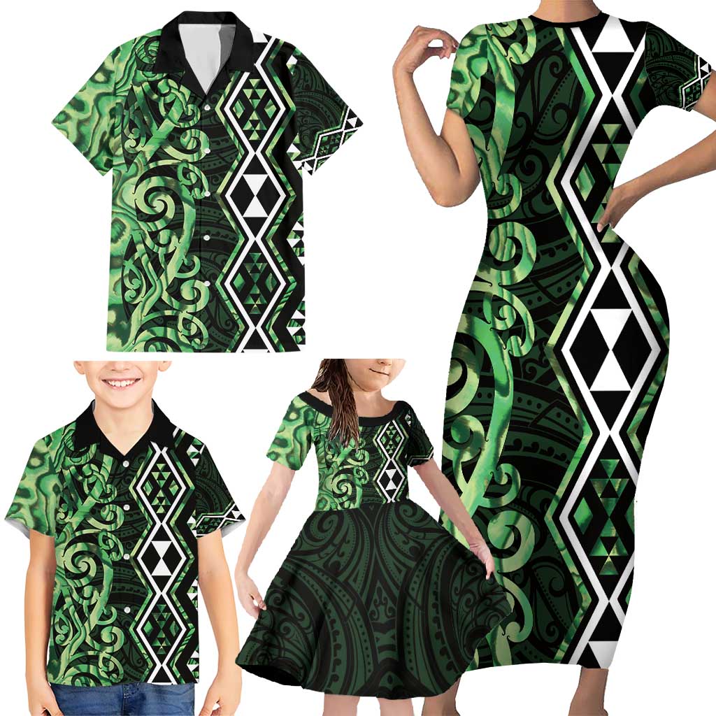 Green Aotearoa Family Matching Short Sleeve Bodycon Dress and Hawaiian Shirt Taniko Motifs With Paua Shell Kowhaiwhai LT14 - Polynesian Pride