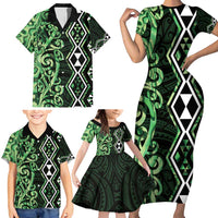 Green Aotearoa Family Matching Short Sleeve Bodycon Dress and Hawaiian Shirt Taniko Motifs With Paua Shell Kowhaiwhai LT14 - Polynesian Pride