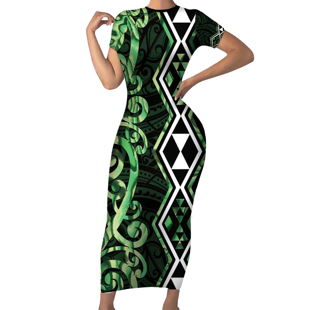 Green Aotearoa Family Matching Short Sleeve Bodycon Dress and Hawaiian Shirt Taniko Motifs With Paua Shell Kowhaiwhai LT14 Mom's Dress Green - Polynesian Pride
