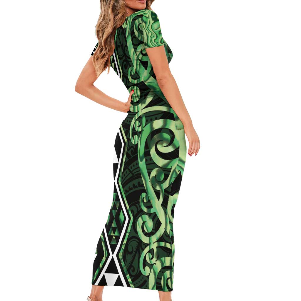 Green Aotearoa Family Matching Short Sleeve Bodycon Dress and Hawaiian Shirt Taniko Motifs With Paua Shell Kowhaiwhai LT14 - Polynesian Pride