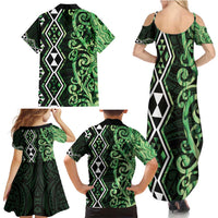 Green Aotearoa Family Matching Summer Maxi Dress and Hawaiian Shirt Taniko Motifs With Paua Shell Kowhaiwhai LT14 - Polynesian Pride
