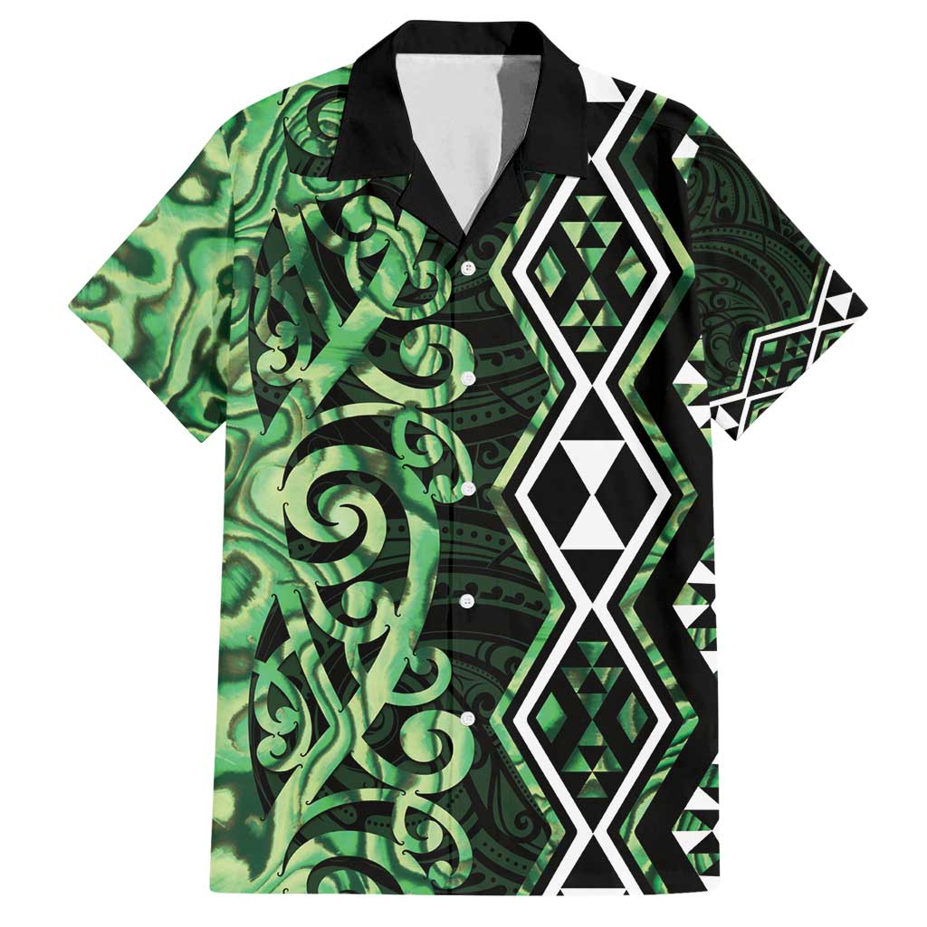 Green Aotearoa Family Matching Tank Maxi Dress and Hawaiian Shirt Taniko Motifs With Paua Shell Kowhaiwhai LT14 Dad's Shirt - Short Sleeve Green - Polynesian Pride