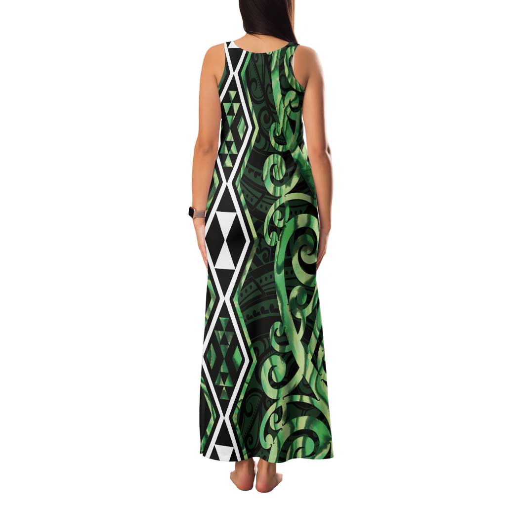 Green Aotearoa Family Matching Tank Maxi Dress and Hawaiian Shirt Taniko Motifs With Paua Shell Kowhaiwhai LT14 - Polynesian Pride