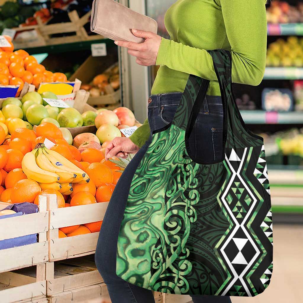 Green Aotearoa Grocery Bag Taniko Motifs With Paua Shell Kowhaiwhai