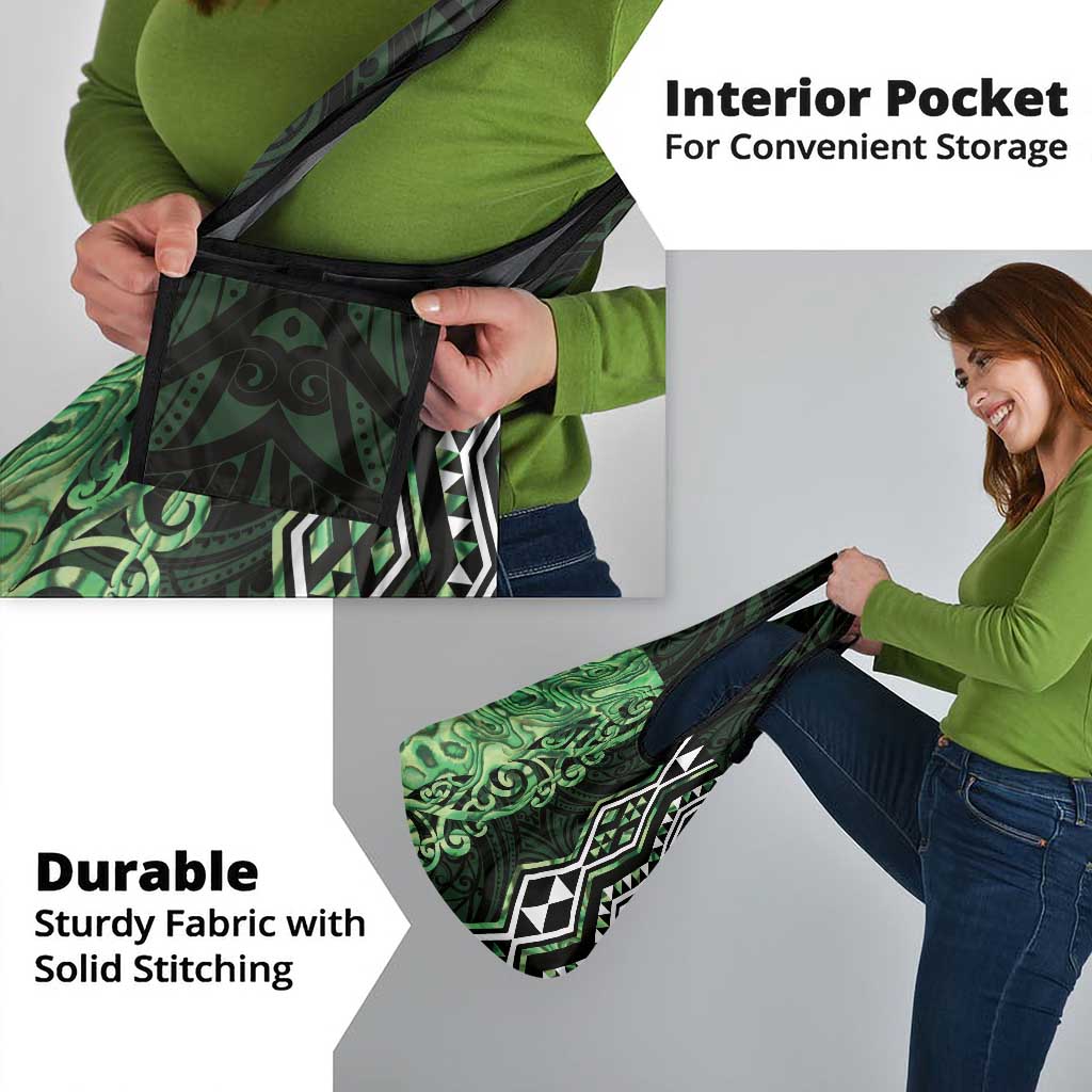 Green Aotearoa Grocery Bag Taniko Motifs With Paua Shell Kowhaiwhai