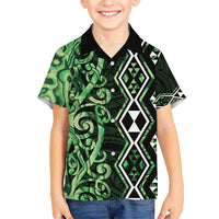 Green Aotearoa Kid Hawaiian Shirt Taniko Motifs With Paua Shell Kowhaiwhai LT14 Kid Green - Polynesian Pride
