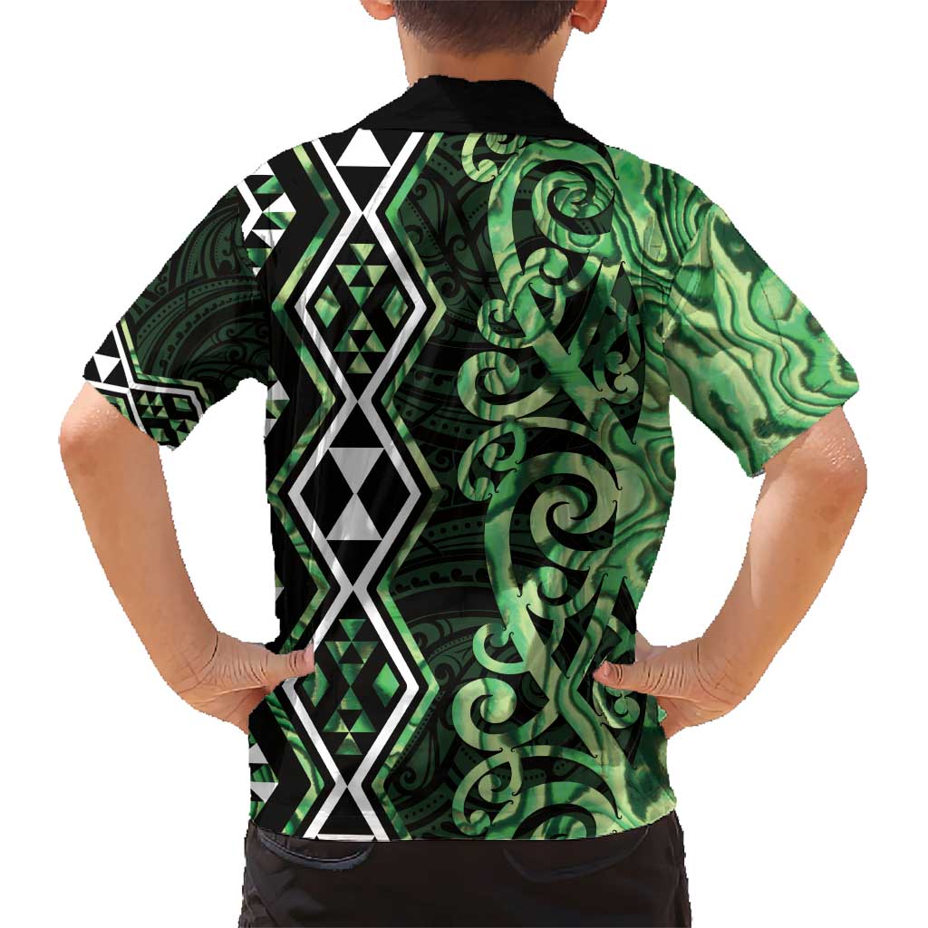 Green Aotearoa Kid Hawaiian Shirt Taniko Motifs With Paua Shell Kowhaiwhai LT14 - Polynesian Pride