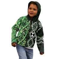 Green Aotearoa Kid Hoodie Taniko Motifs With Paua Shell Kowhaiwhai