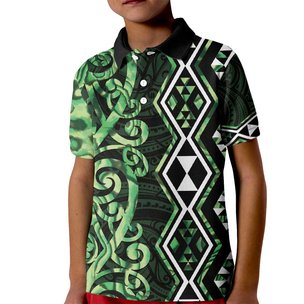 Green Aotearoa Kid Polo Shirt Taniko Motifs With Paua Shell Kowhaiwhai LT14 Kid Green - Polynesian Pride