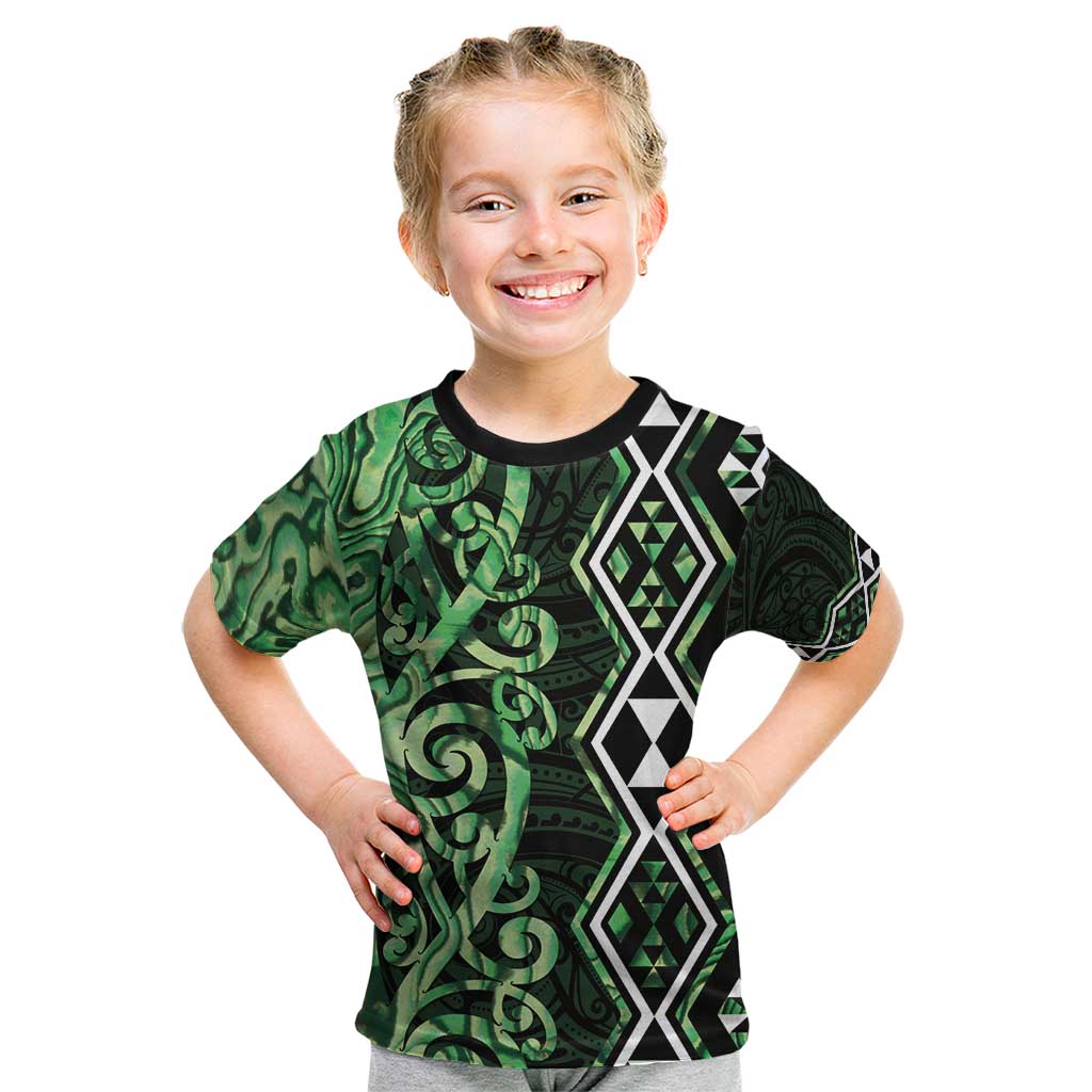 Green Aotearoa Kid T Shirt Taniko Motifs With Paua Shell Kowhaiwhai LT14 Green - Polynesian Pride
