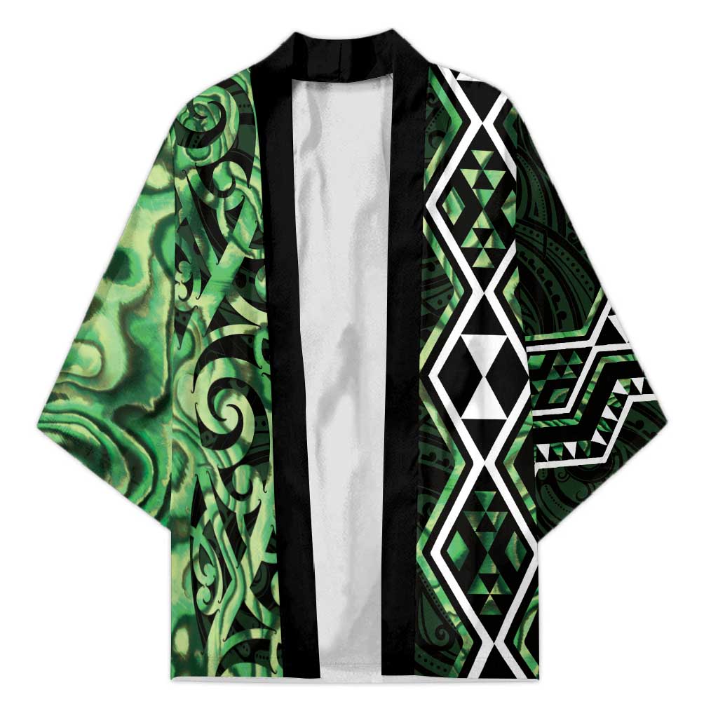 Green Aotearoa Kimono Taniko Motifs With Paua Shell Kowhaiwhai - Polynesian Pride