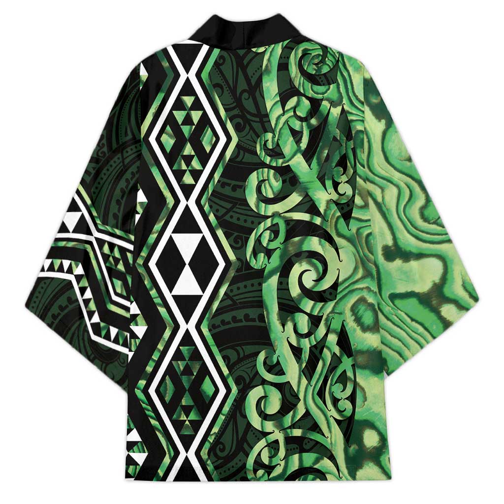 Green Aotearoa Kimono Taniko Motifs With Paua Shell Kowhaiwhai - Polynesian Pride
