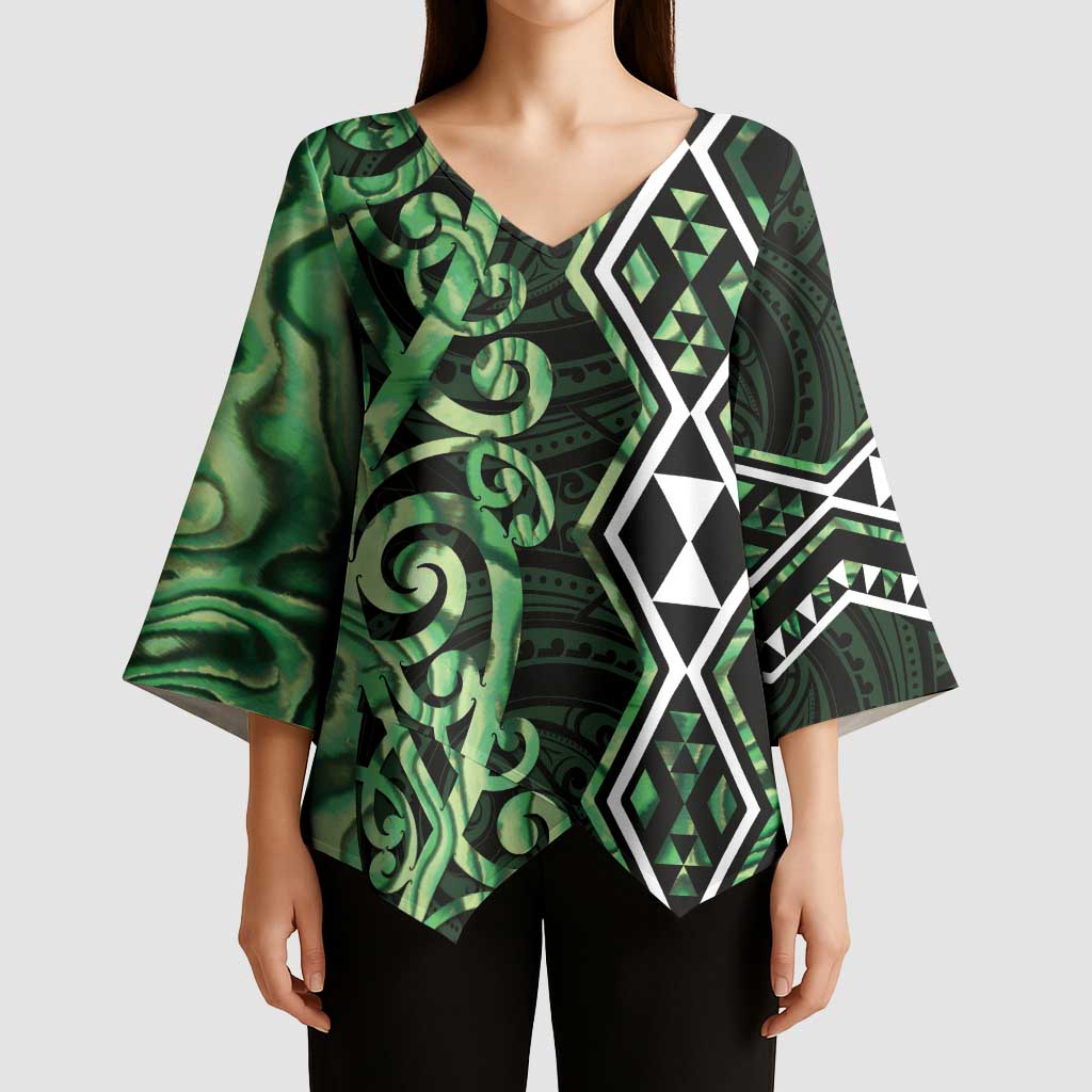 Green Aotearoa Kimono Sleeve Blouse Taniko Motifs With Paua Shell Kowhaiwhai - Polynesian Pride