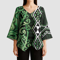 Green Aotearoa Kimono Sleeve Blouse Taniko Motifs With Paua Shell Kowhaiwhai - Polynesian Pride