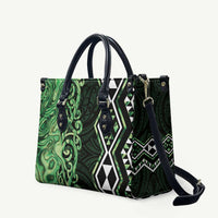 Green Aotearoa Leather Bag Taniko Motifs With Paua Shell Kowhaiwhai - Polynesian Pride