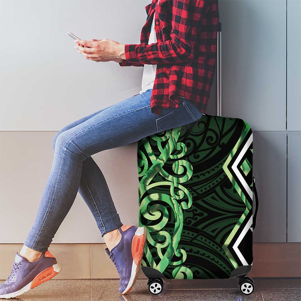 Green Aotearoa Luggage Cover Taniko Motifs With Paua Shell Kowhaiwhai