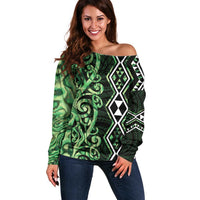 Green Aotearoa Off Shoulder Sweater Taniko Motifs With Paua Shell Kowhaiwhai