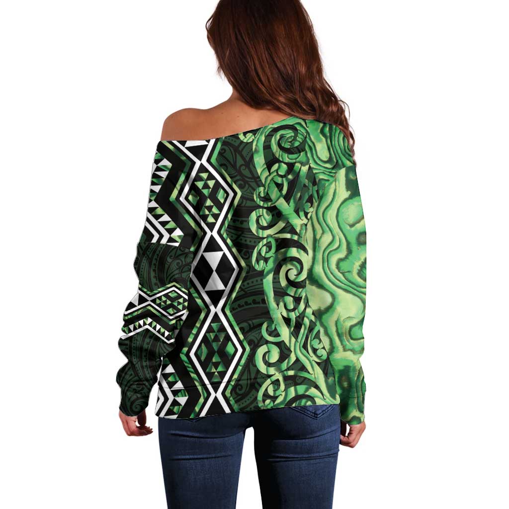 Green Aotearoa Off Shoulder Sweater Taniko Motifs With Paua Shell Kowhaiwhai