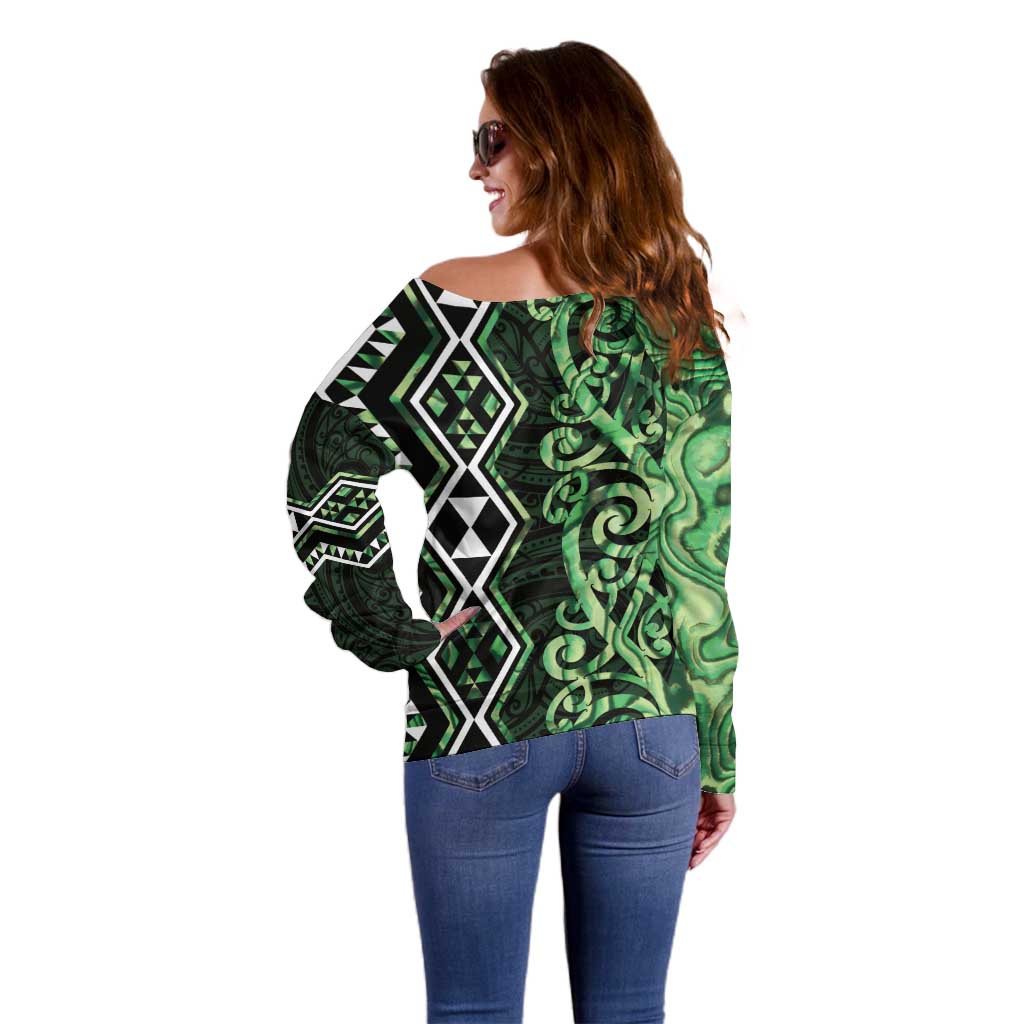 Green Aotearoa Off Shoulder Sweater Taniko Motifs With Paua Shell Kowhaiwhai