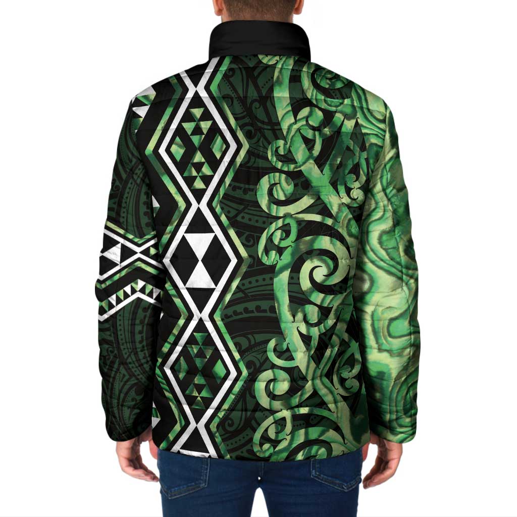Green Aotearoa Padded Jacket Taniko Motifs With Paua Shell Kowhaiwhai - Polynesian Pride