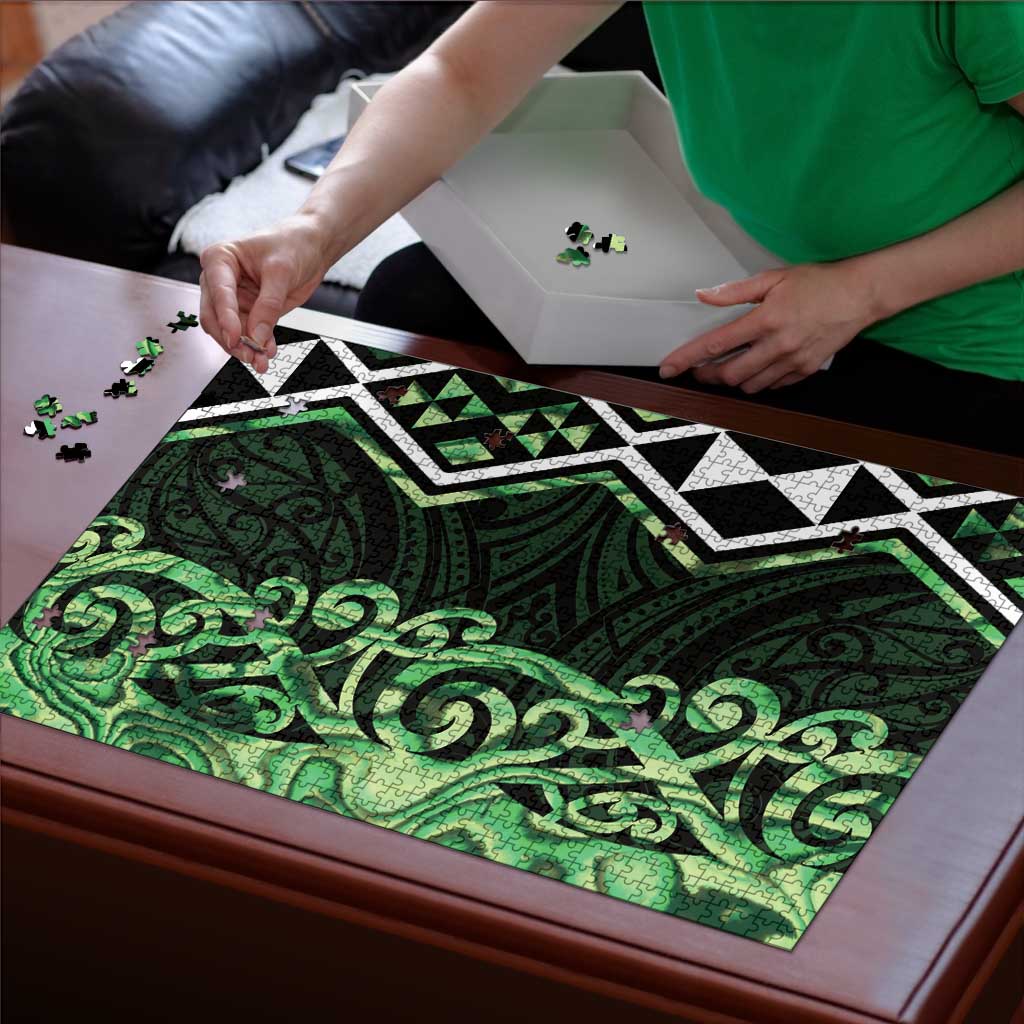 Green Aotearoa Puzzle Taniko Motifs With Paua Shell Kowhaiwhai - Polynesian Pride