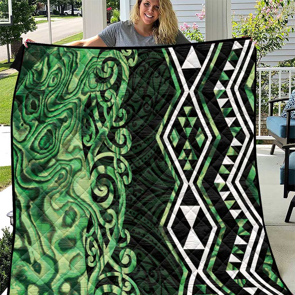 Green Aotearoa Quilt Taniko Motifs With Paua Shell Kowhaiwhai LT14 Green - Polynesian Pride