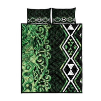 Green Aotearoa Quilt Bed Set Taniko Motifs With Paua Shell Kowhaiwhai