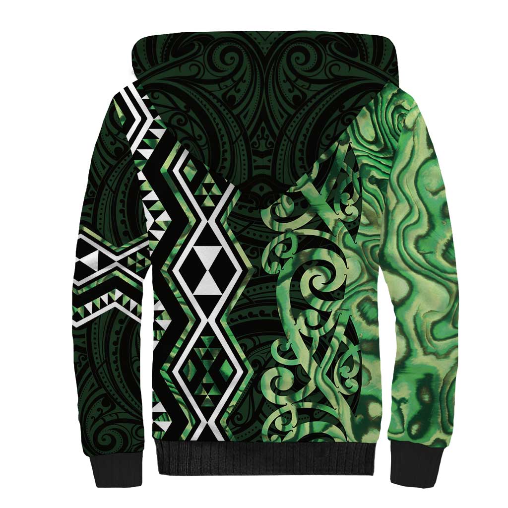 Green Aotearoa Sherpa Hoodie Taniko Motifs With Paua Shell Kowhaiwhai