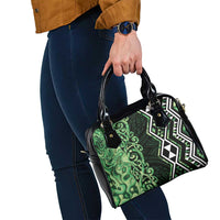 Green Aotearoa Shoulder Handbag Taniko Motifs With Paua Shell Kowhaiwhai