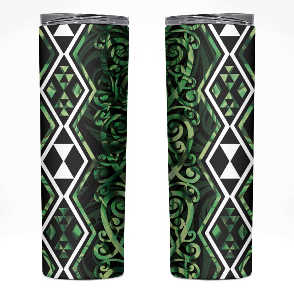 Green Aotearoa Skinny Tumbler Taniko Motifs With Paua Shell Kowhaiwhai LT14 Green - Polynesian Pride