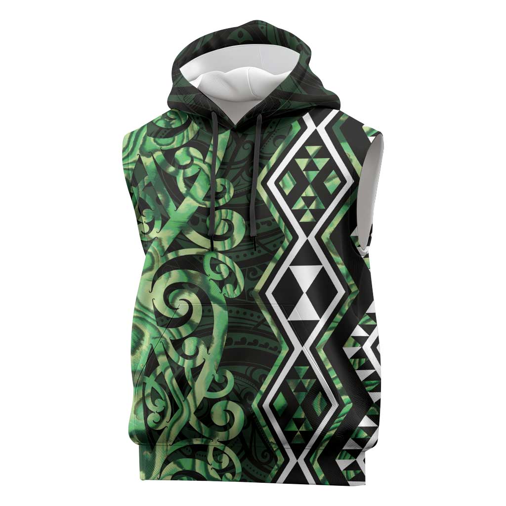 Green Aotearoa Sleeveless Hoodie Taniko Motifs With Paua Shell Kowhaiwhai - Polynesian Pride