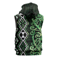 Green Aotearoa Sleeveless Hoodie Taniko Motifs With Paua Shell Kowhaiwhai - Polynesian Pride