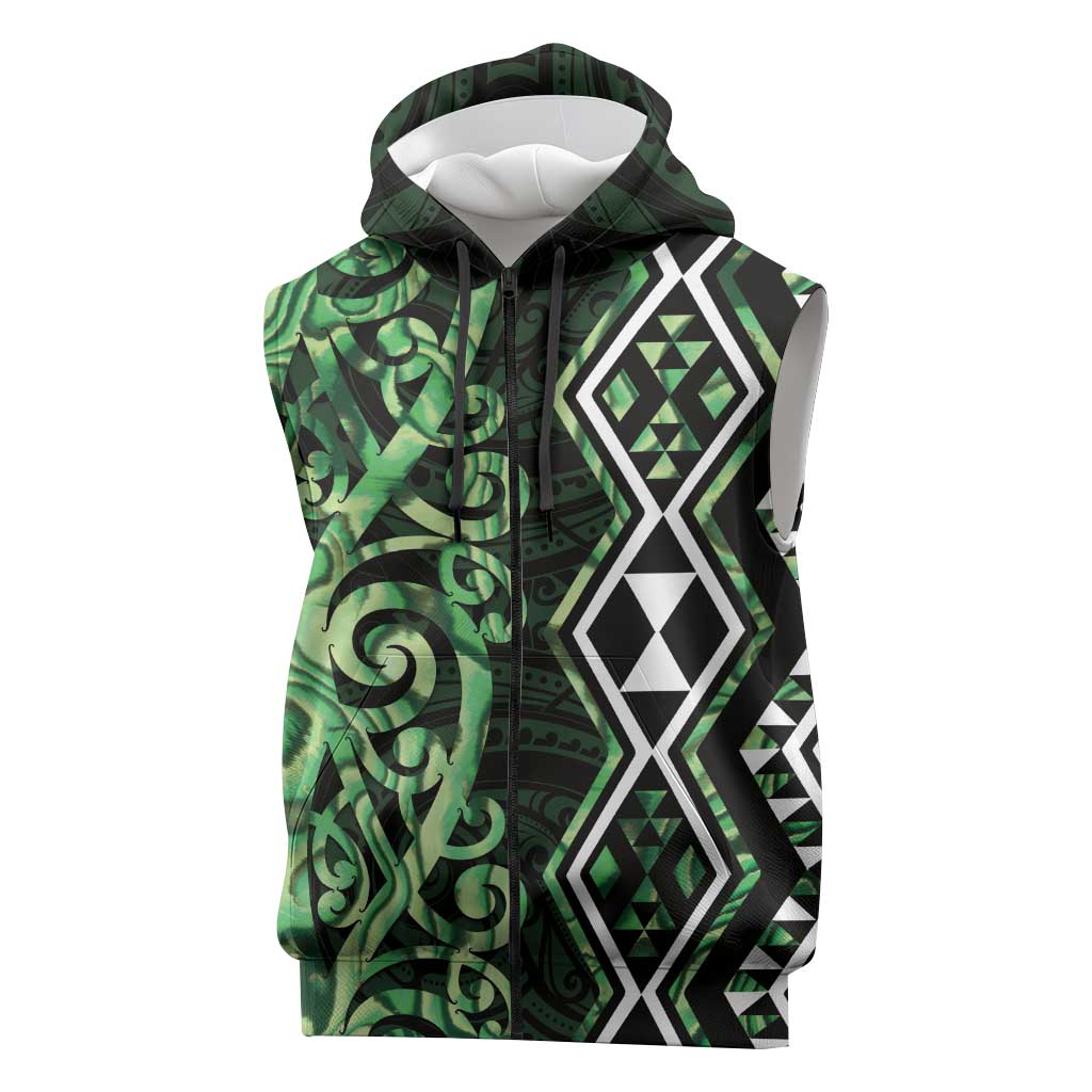 Green Aotearoa Sleeveless Zip Hoodie Taniko Motifs With Paua Shell Kowhaiwhai LT14 Green - Polynesian Pride